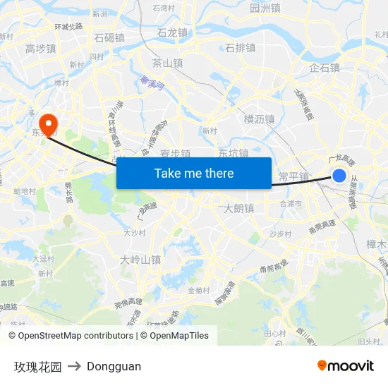 Rose Garden to Dongguan map
