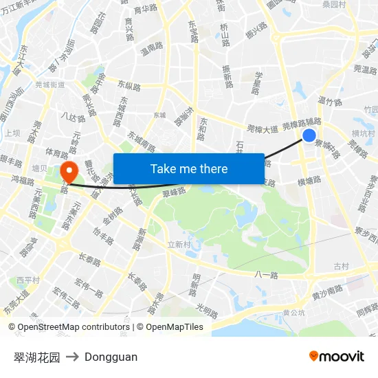 Cuihu Garden to Dongguan map
