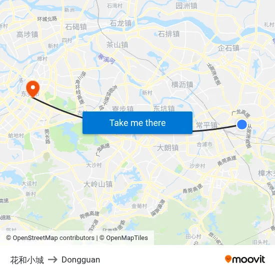 Huahe Town to Dongguan map