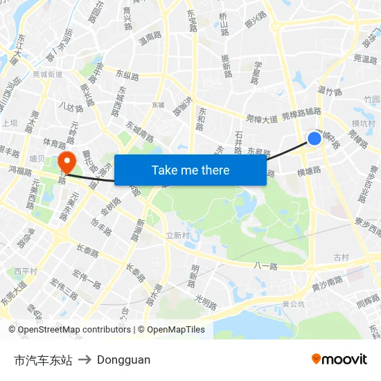East Bus Terminal to Dongguan map