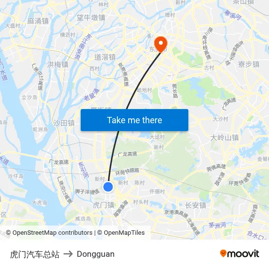 Humen Bus Terminal to Dongguan map