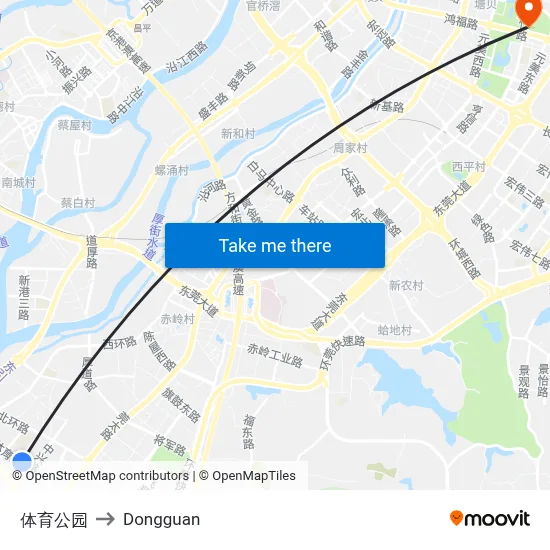 Sports Park to Dongguan map