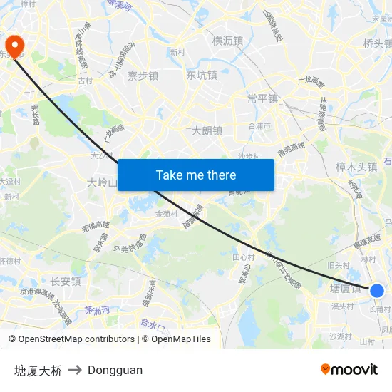 Tangxia Overpass to Dongguan map