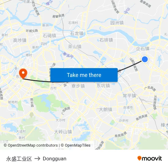 Yongsheng Industrial Zone to Dongguan map