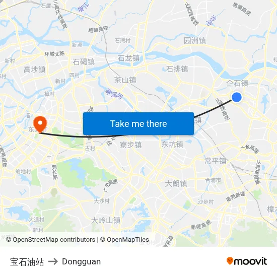 Baoshi Gas Station to Dongguan map