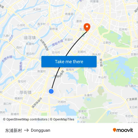 Dongpu New Village to Dongguan map