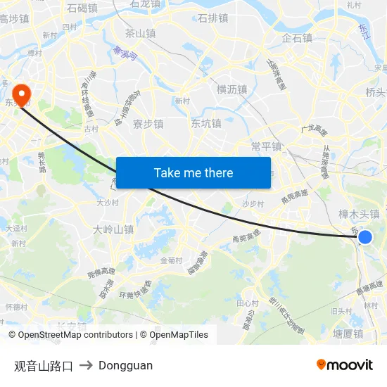 Guanyin Mountain Junction to Dongguan map