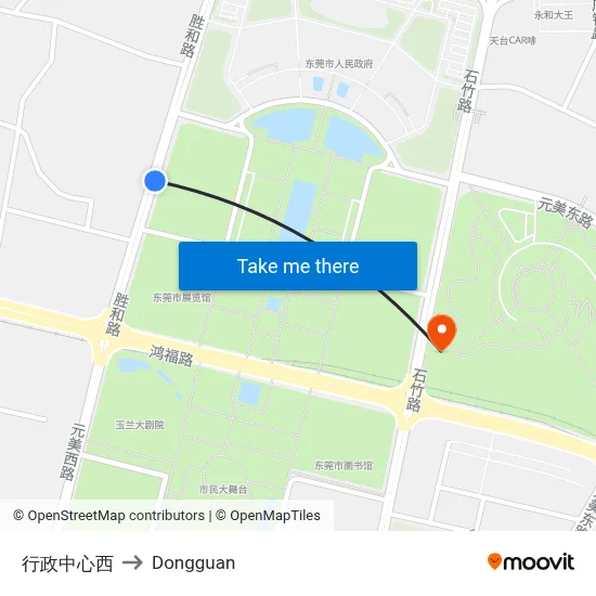 Administrative Center West to Dongguan map