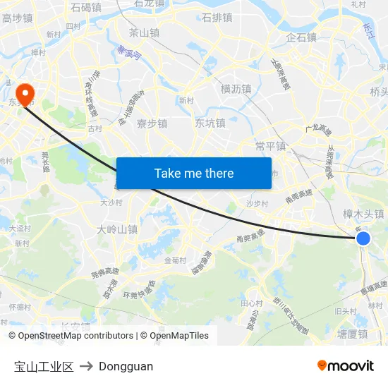 Baoshan Industrial Zone to Dongguan map