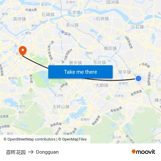 Xiahui Garden to Dongguan map