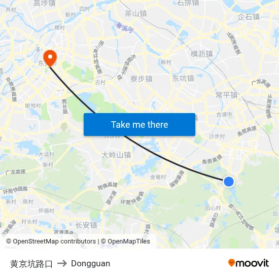 Huangjingkeng Junction to Dongguan map