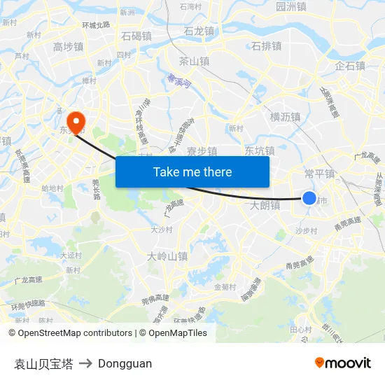 Yuanshanbei Pagoda to Dongguan map