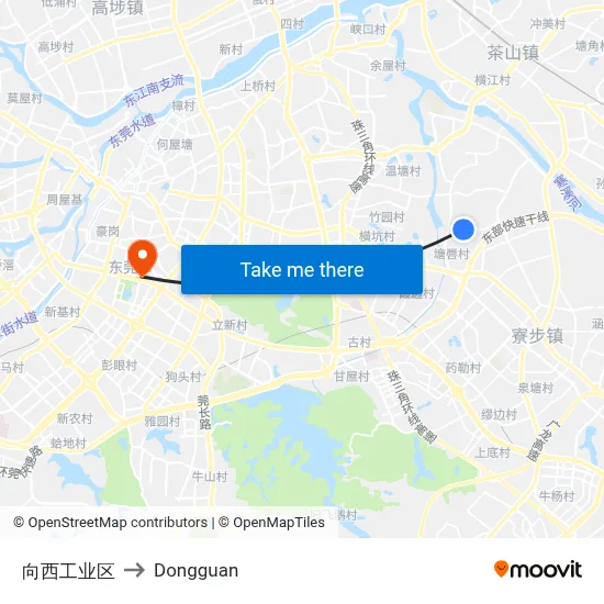 Xiangxi Industrial Zone to Dongguan map