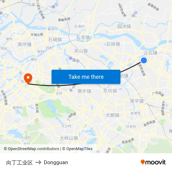 Xiangding Industrial Zone to Dongguan map