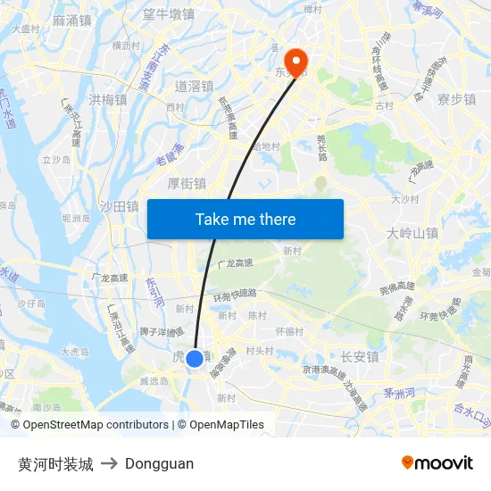 Huanghe Fashion City to Dongguan map