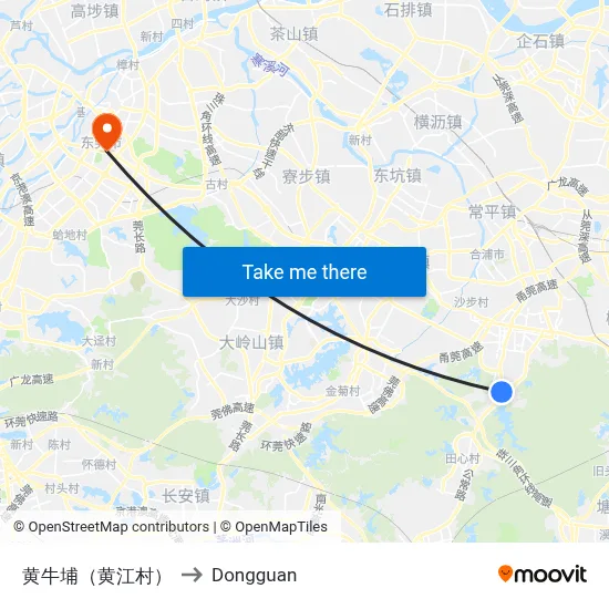 Huangniupu (Huangjiang Village) to Dongguan map