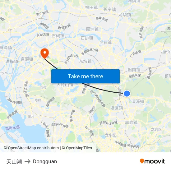 Tianshan Lake to Dongguan map