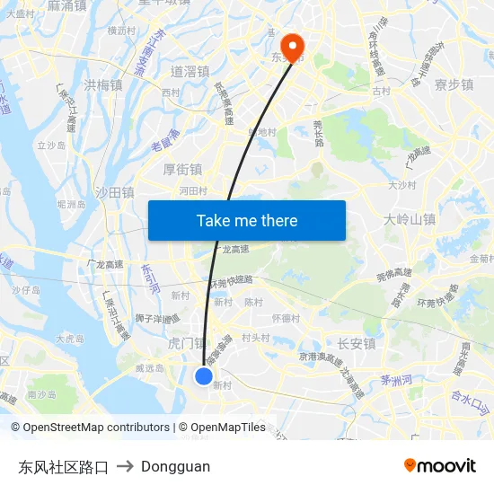 Dongfeng Community Intersection to Dongguan map