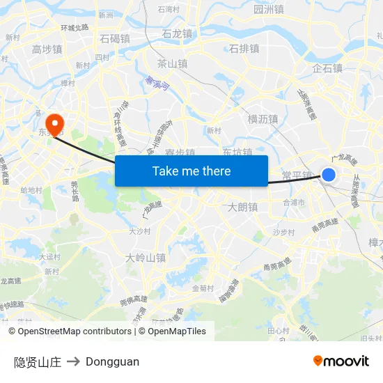 Yinxian Villa to Dongguan map