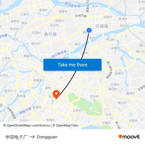 Huarong Electronics Factory to Dongguan map