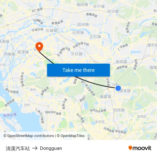 Qingxi Bus Station to Dongguan map