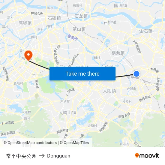 Changping Central Park to Dongguan map