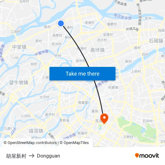 Huwu New Village to Dongguan map