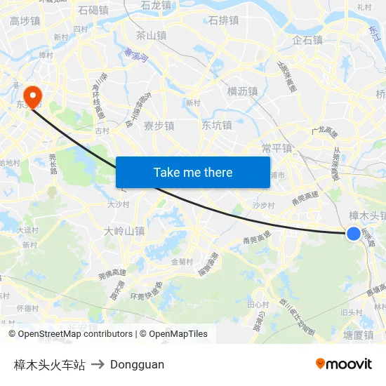 Zhangmutou Railway Station to Dongguan map