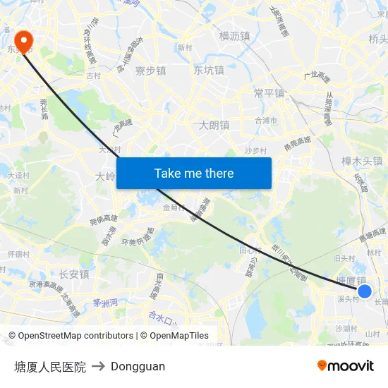 Tangxia People's Hospital to Dongguan map