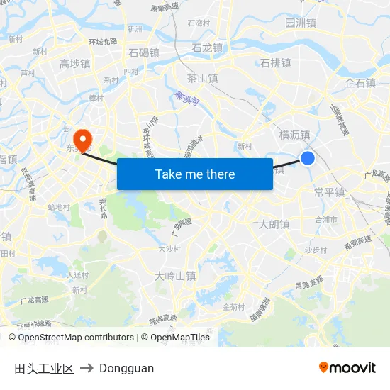 Tiantou Industrial Zone to Dongguan map