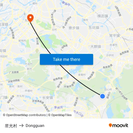 Starlight Village to Dongguan map