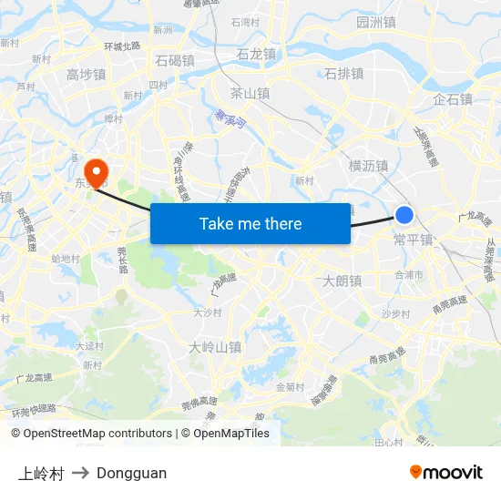Shangling Village to Dongguan map