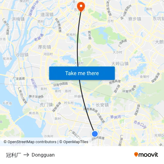 Guanli Factory to Dongguan map