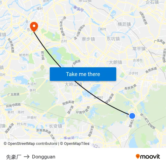 Xianhao Factory to Dongguan map