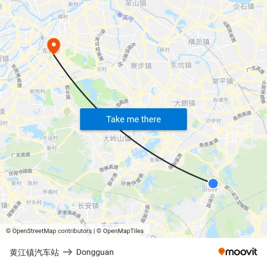 Huangjiang Town Bus Station to Dongguan map