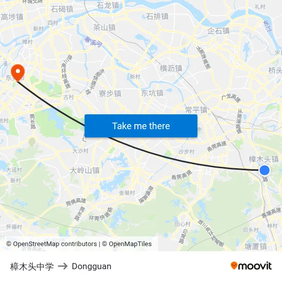 Zhangmutou Middle School to Dongguan map