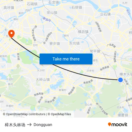 Zhangmutou Forest Farm to Dongguan map