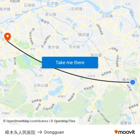 Zhangmutou People's Hospital to Dongguan map