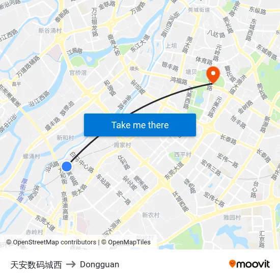 Tianan Digital City West to Dongguan map