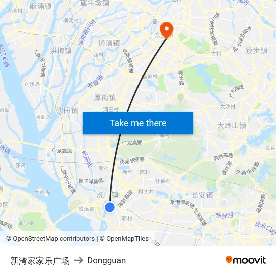 Xinwan Jiajiale Plaza to Dongguan map