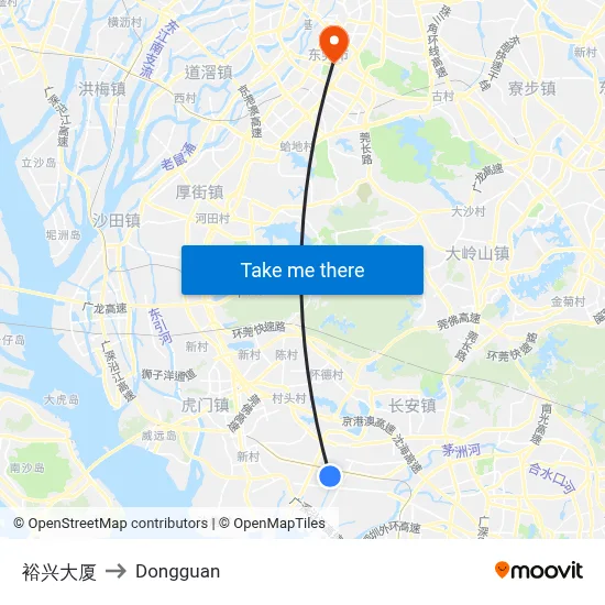Yuxing Building to Dongguan map