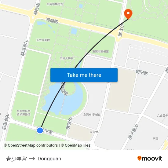 Youth Palace to Dongguan map