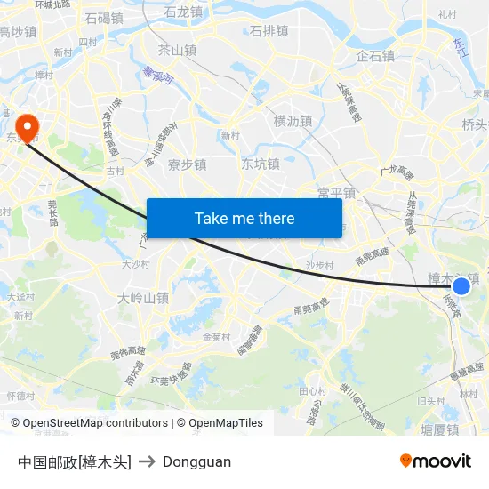 China Post [Zhangmutou] to Dongguan map