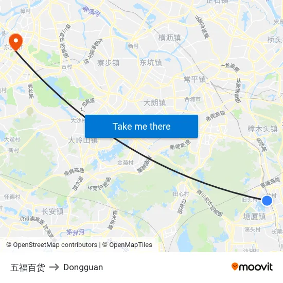 Wufu Department Store to Dongguan map
