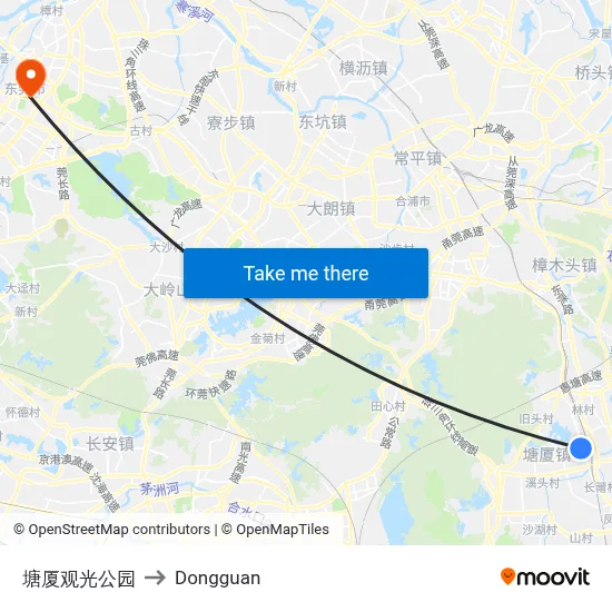 Tangxia Scenic Park to Dongguan map