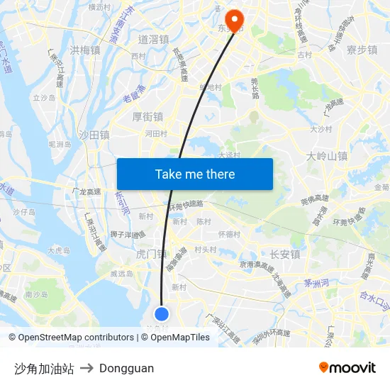 Shajiao Gas Station to Dongguan map