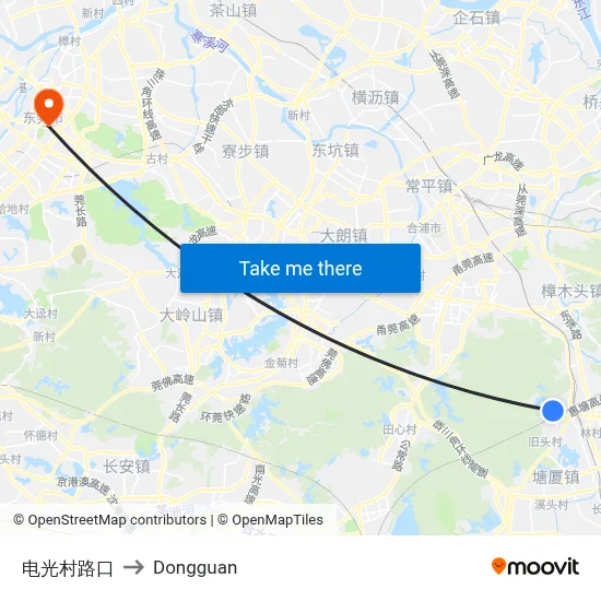 Dianguang Village Intersection to Dongguan map