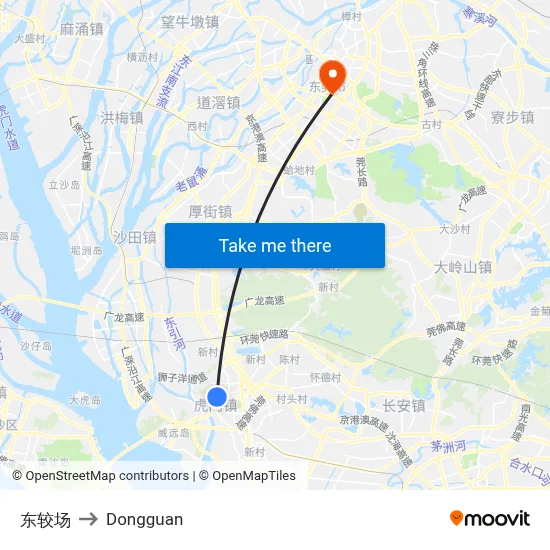Dong Jiaochang to Dongguan map