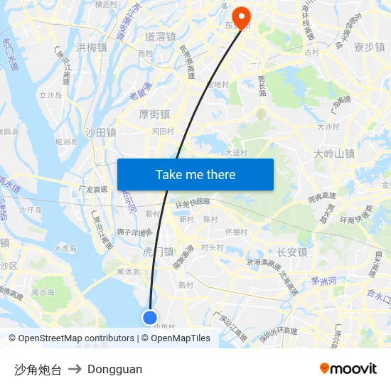 Shajiao Fort to Dongguan map