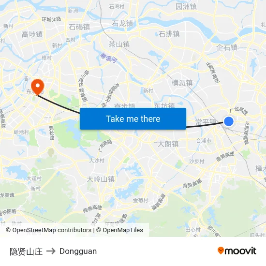 Yinxian Villa to Dongguan map